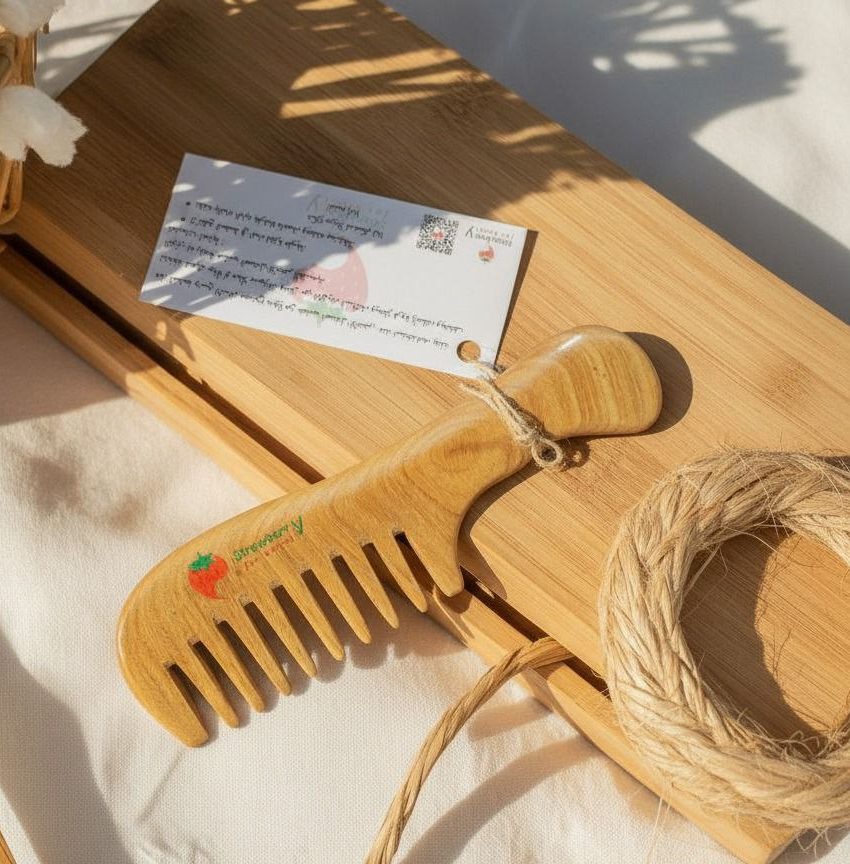 photo_6005956965806755345_y - Copy مشط خشب الصندل الأخضر الطبيعي من Strawberry Y – واسع الأسنان لتفكيك التشابك وتحفيز فروة الرأس - الصورة 3